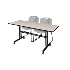 60 x 30 in. Flip-Top Training Nesting Table- Maple, 2 Zeng Stack Chairs- Grey