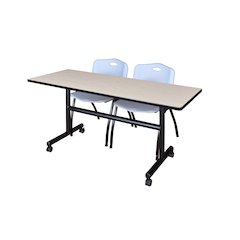 60 x 30 in. Flip-Top Training Nesting Table- Maple, 2 M Stack Chairs- Grey