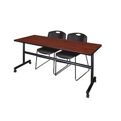 72 x 24 in. Flip-Top Training Nesting Table- Cherry, 2 Zeng Stack Chairs- Black