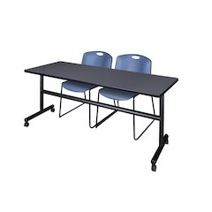 72 x 24 in. Flip-Top Training Nesting Table- Grey, 2 Zeng Stack Chairs- Blue