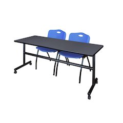 72 x 24 in. Flip-Top Training Nesting Table- Grey, 2 M Stack Chairs- Blue