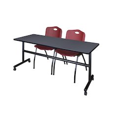 72 x 24 in. Flip-Top Training Nesting Table- Grey, 2 M Stack Chairs- Burgundy