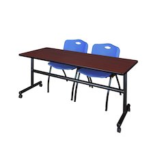 72 x 24 in. Flip-Top Training Nesting Table- Mahogany, 2 M Stack Chairs- Blue