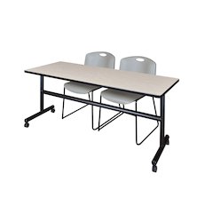 72 x 24 in. Flip-Top Training Nesting Table- Maple, 2 Zeng Stack Chairs- Grey