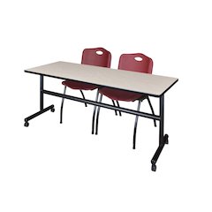 72 x 24 in. Flip-Top Training Nesting Table- Maple, 2 M Stack Chairs- Burgundy