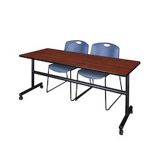 72 x 30 in. Flip-Top Training Nesting Table- Cherry, 2 Zeng Stack Chairs- Blue