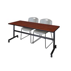 72 x 30 in. Flip-Top Training Nesting Table- Cherry, 2 Zeng Stack Chairs- Grey