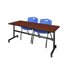 72 x 30 in. Flip-Top Training Nesting Table- Cherry, 2 M Stack Chairs- Blue