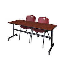 72 x 30 in. Flip-Top Training Nesting Table- Cherry, 2 M Stack Chairs- Burgundy