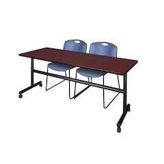 72 x 30 in. Flip-Top Training Nesting Table- Mahogany, 2 Zeng Stack Chairs- Blue