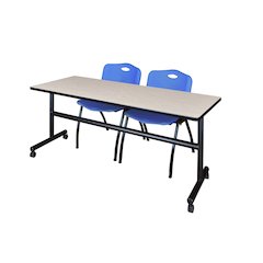 72 x 30 in. Flip-Top Training Nesting Table- Maple, 2 M Stack Chairs- Blue