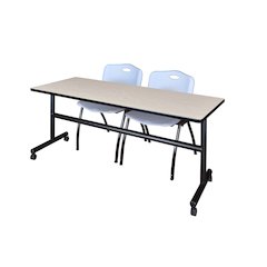 72 x 30 in. Flip-Top Training Nesting Table- Maple, 2 M Stack Chairs- Grey