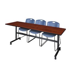 84 x 24 in. Flip-Top Training Nesting Table- Cherry, 2 Zeng Stack Chairs- Blue
