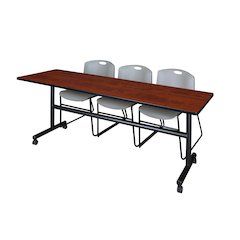 84 x 24 in. Flip-Top Training Nesting Table- Cherry, 2 Zeng Stack Chairs- Grey