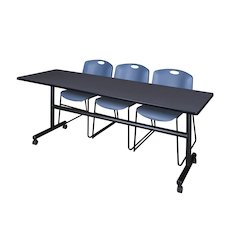 84 x 24 in. Flip-Top Training Nesting Table- Grey, 2 Zeng Stack Chairs- Blue