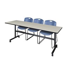 84 x 24 in. Flip-Top Training Nesting Table- Maple, 2 Zeng Stack Chairs- Blue