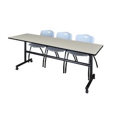 84 x 24 in. Flip-Top Training Nesting Table- Maple, 2 M Stack Chairs- Grey