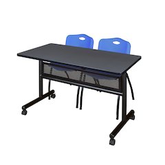 48 x 24 in. Flip-Top Privacy Nesting Table- Grey, 2 M Stack Chairs- Blue
