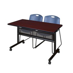 48 x 24 in. Flip-Top Privacy Nesting Table- Mahogany, 2 Zeng Stack Chairs- Blue