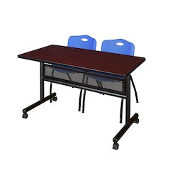 48 x 24 in. Flip-Top Privacy Nesting Table- Mahogany, 2 M Stack Chairs- Blue