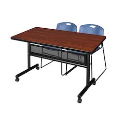 48 x 30 in. Flip-Top Privacy Nesting Table- Cherry, 2 Zeng Stack Chairs- Blue