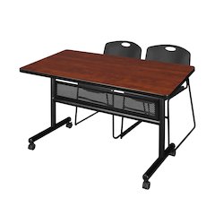 48 x 30 in. Flip-Top Privacy Nesting Table- Cherry, 2 Zeng Stack Chairs- Black