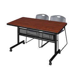 48 x 30 in. Flip-Top Privacy Nesting Table- Cherry, 2 Zeng Stack Chairs- Grey