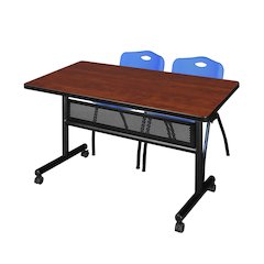 48 x 30 in. Flip-Top Privacy Nesting Table- Cherry, 2 M Stack Chairs- Blue