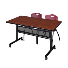 48 x 30 in. Flip-Top Privacy Nesting Table- Cherry, 2 M Stack Chairs- Burgundy