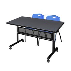 48 x 30 in. Flip-Top Privacy Nesting Table- Grey, 2 M Stack Chairs- Blue