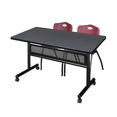 48 x 30 in. Flip-Top Privacy Nesting Table- Grey, 2 M Stack Chairs- Burgundy