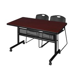 48 x 30 in. Flip-Top Privacy Nesting Table- Mahogany, 2 Zeng Stack Chairs- Black