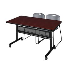 48 x 30 in. Flip-Top Privacy Nesting Table- Mahogany, 2 Zeng Stack Chairs- Grey