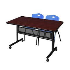 48 x 30 in. Flip-Top Privacy Nesting Table- Mahogany, 2 M Stack Chairs- Blue