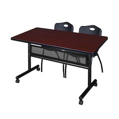 48 x 30 in. Flip-Top Privacy Nesting Table- Mahogany, 2 M Stack Chairs- Black