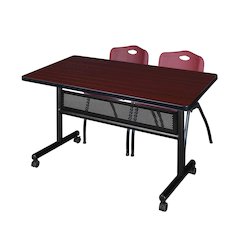 48 x 30 in. Flip-Top Privacy Nesting Table- Mahogany, 2 M Stack Chairs- Burgundy