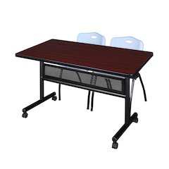 48 x 30 in. Flip-Top Privacy Nesting Table- Mahogany, 2 M Stack Chairs- Grey