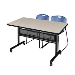 48 x 30 in. Flip-Top Privacy Nesting Table- Maple, 2 Zeng Stack Chairs- Blue