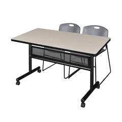 48 x 30 in. Flip-Top Privacy Nesting Table- Maple, 2 Zeng Stack Chairs- Grey