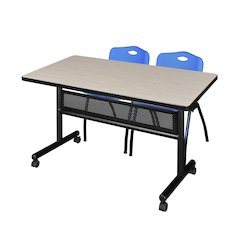 48 x 30 in. Flip-Top Privacy Nesting Table- Maple, 2 M Stack Chairs- Blue
