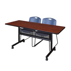 60 x 24 in. Flip-Top Privacy Nesting Table- Cherry, 2 Zeng Stack Chairs- Blue