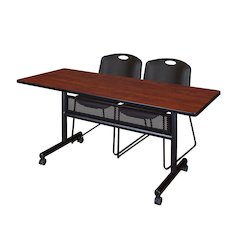 60 x 24 in. Flip-Top Privacy Nesting Table- Cherry, 2 Zeng Stack Chairs- Black