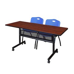 60 x 24 in. Flip-Top Privacy Nesting Table- Cherry, 2 M Stack Chairs- Blue