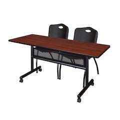 60 x 24 in. Flip-Top Privacy Nesting Table- Cherry, 2 M Stack Chairs- Black