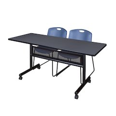 60 x 24 in. Flip-Top Privacy Nesting Table- Grey, 2 Zeng Stack Chairs- Blue
