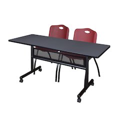 60 x 24 in. Flip-Top Privacy Nesting Table- Grey, 2 M Stack Chairs- Burgundy