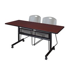 60 x 24 in. Flip-Top Privacy Nesting Table- Mahogany, 2 Zeng Stack Chairs- Grey