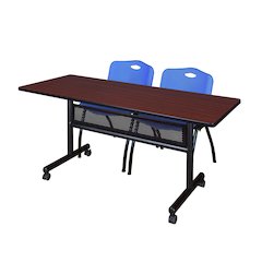 60 x 24 in. Flip-Top Privacy Nesting Table- Mahogany, 2 M Stack Chairs- Blue
