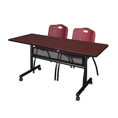 60 x 24 in. Flip-Top Privacy Nesting Table- Mahogany, 2 M Stack Chairs- Burgundy