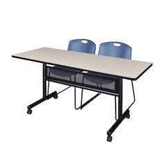 60 x 24 in. Flip-Top Privacy Nesting Table- Maple, 2 Zeng Stack Chairs- Blue